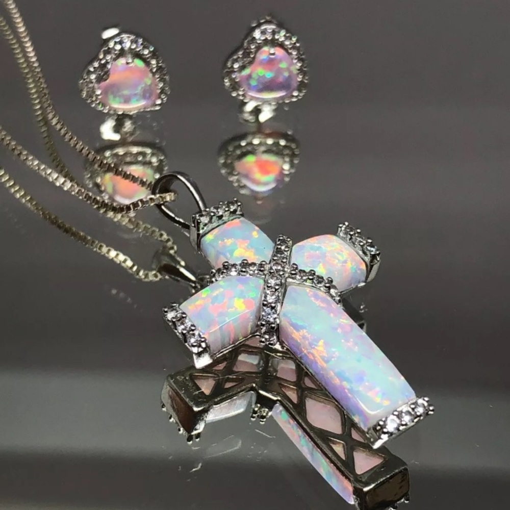 Kay Sterling Opal Cross Necklace 💙 Heart Earrings